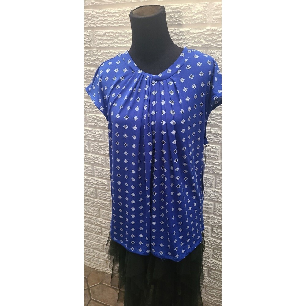 New Liz Claiborne Speckled Cap Sleeve Blouse size Xl Blue /Multicolor Dots